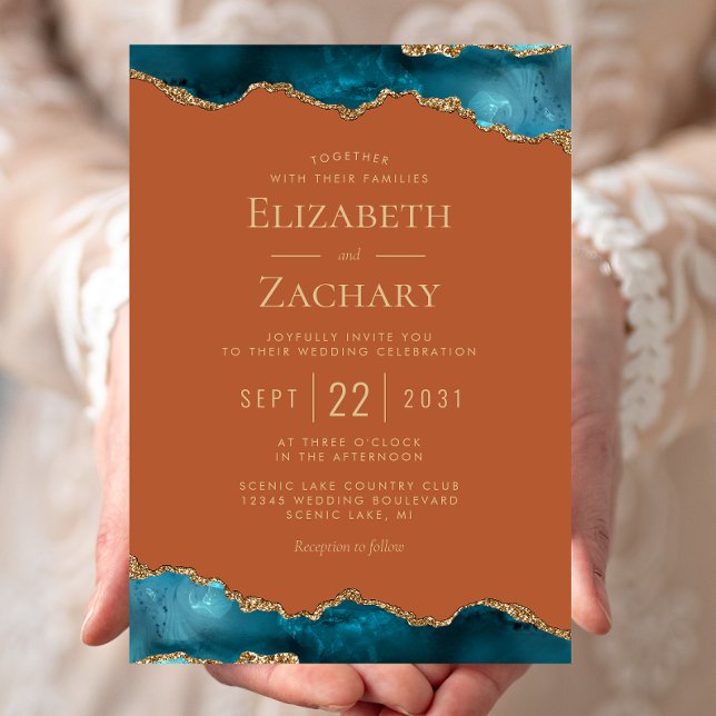 Classic Teal Gold Agate Burnt Orange Wedding Invitation (Creator Uploaded)
