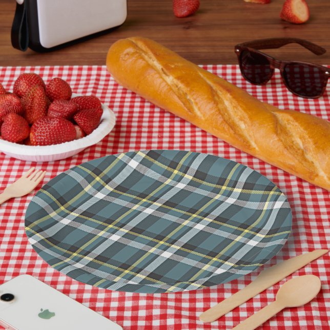 Classic Teal Gray Blue Yellow Tartan Plaid Stripes Paper Plates (Picnic)