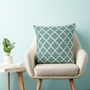 Classic Teal Green White Quatrefoil Trellis Throw Pillow