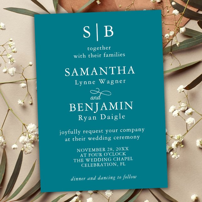 Classic Teal Monogram Initials Wedding Invitation (Creator Uploaded)