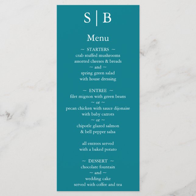 Classic Teal Monogram Wedding Menu (Front)
