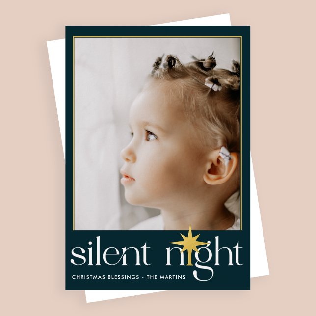 Classic Teal Silent Night Christmas Star Photo Foil Holiday Card (Creator Uploaded)