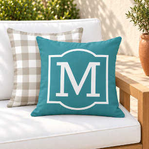 Classic Teal White Bracket Monogram Outdoor Pillow