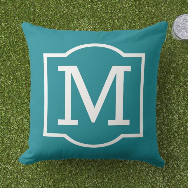 Classic Teal White Bracket Monogram Outdoor Pillow (Grass)