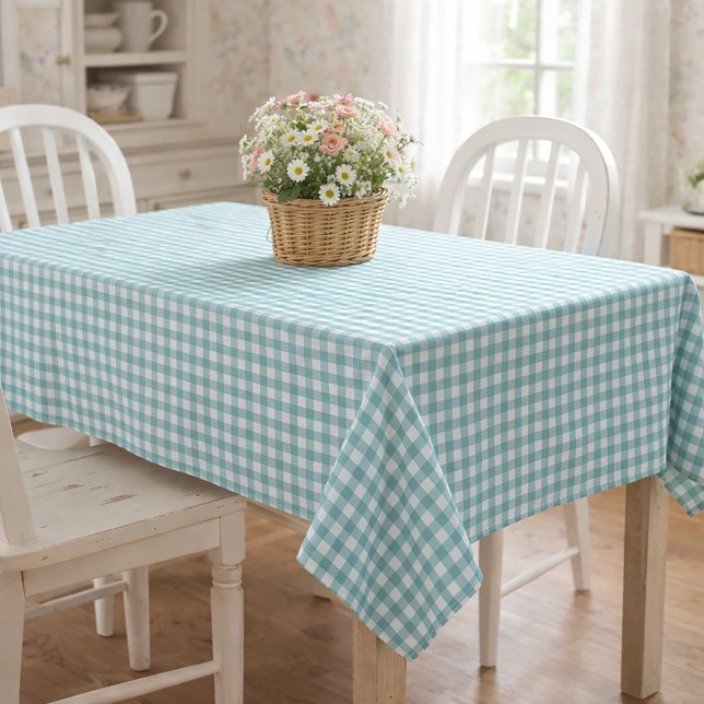 Classic Teal White Gingham Pattern Check Design Tablecloth (A teal and white gingham table cloth.)
