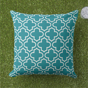 Classic Teal White Quatrefoil Trellis Outdoor Pillow