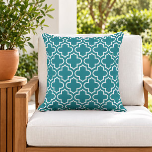 Classic Teal White Quatrefoil Trellis Outdoor Pillow