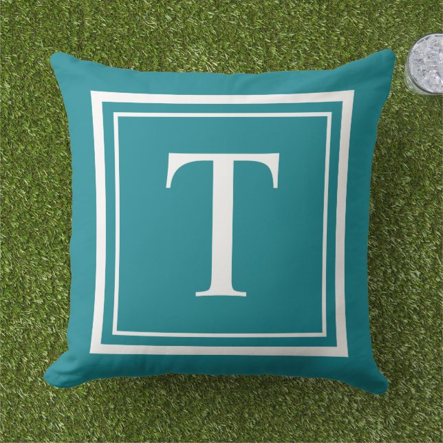Classic Teal White Square Frame Monogram Outdoor Pillow (Grass)