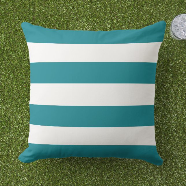 Classic Teal White Wide Horizontal Stripe Outdoor Pillow (Grass)