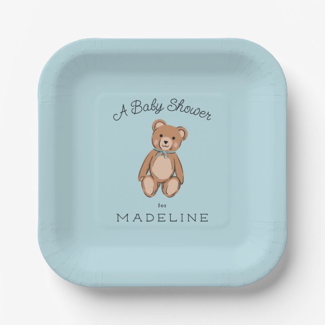 Classic Teddy Bear Blue Baby Shower Paper Plates (Front)