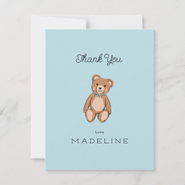 Classic Teddy Bear Blue Baby Shower Thank You Card (Front)