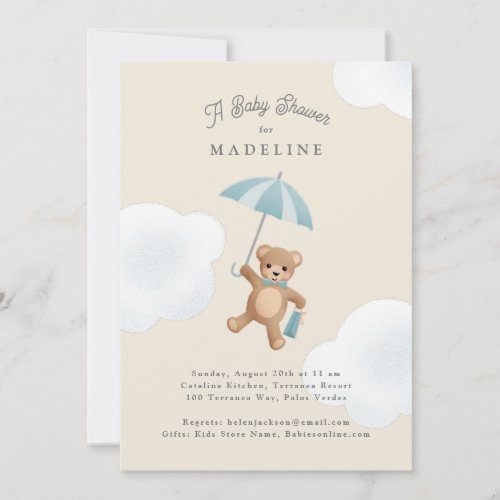 Classic Teddy Bear Blue Beige Baby Shower Invitation