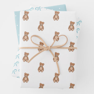 Classic Teddy Bear Blue Bow Baby Shower Wrapping Paper Sheets
