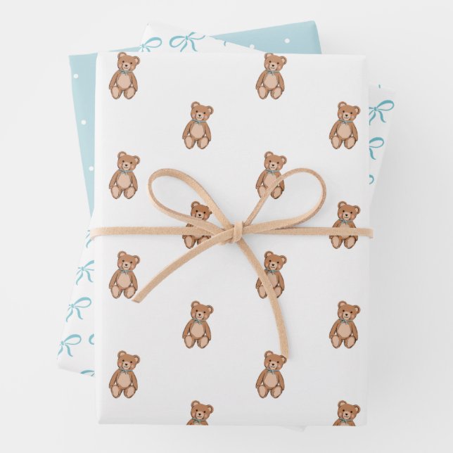 Classic Teddy Bear Blue Bow Baby Shower Wrapping Paper Sheets (In situ)