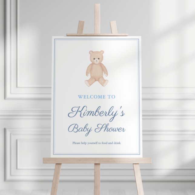 Classic Teddy Bear Boy Baby Shower Welcome Sign (Traditional teddy bear baby shower for boy welcome sign featuring hand painted watercolor bear)