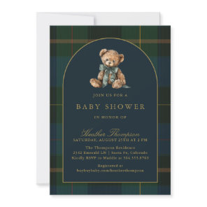 Classic Teddy Bear Green & Blue Plaid Baby Shower Invitation