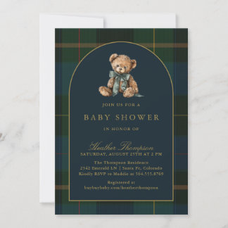 Classic Teddy Bear Green & Blue Plaid Baby Shower Invitation