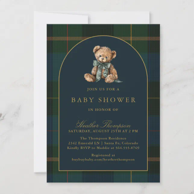 Classic Teddy Bear Green & Blue Plaid Baby Shower Invitation | Zazzle