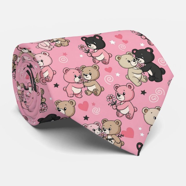 Classic Teddy Bear Hearts Pattern Neck Tie (Rolled)