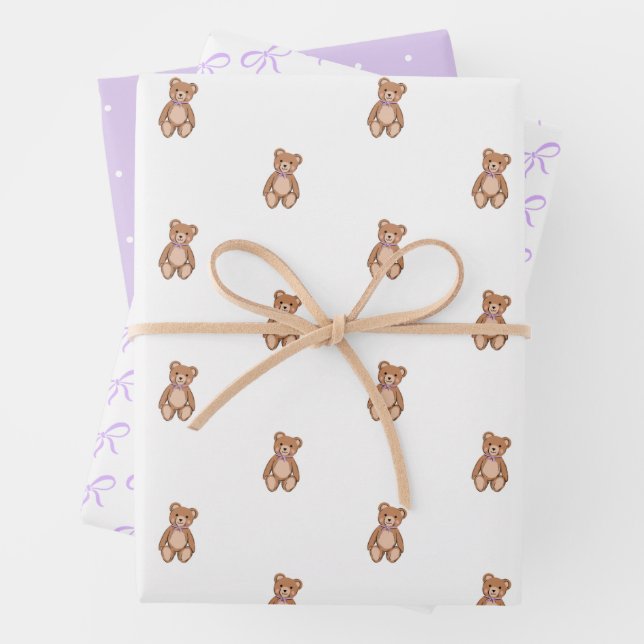 Classic Teddy Bear Lavender Purple Bow Baby Shower Wrapping Paper Sheets (In situ)