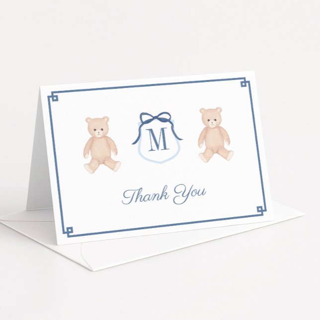Classic Teddy Bear Monogram Baby Shower Thank You Card (Classic baby shower thank you card featuring watercolor teddy bear and monogram detail)