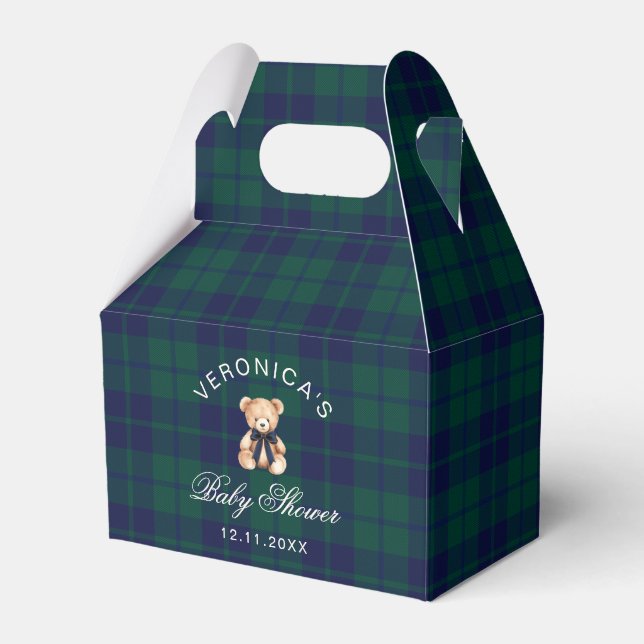 Classic Teddy Bear Navy Plaid Baby Shower Favor Boxes (Front Side)