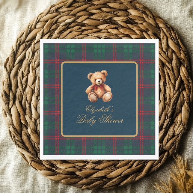 Classic Teddy Bear Navy Plaid Preppy Baby Shower Napkins (classic Teddy Bear Navy Plaid Preppy Baby Shower Napkins)