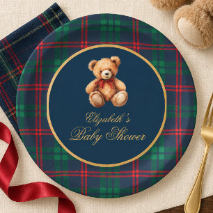 Classic Teddy Bear Navy Plaid Preppy Baby Shower Paper Plates
