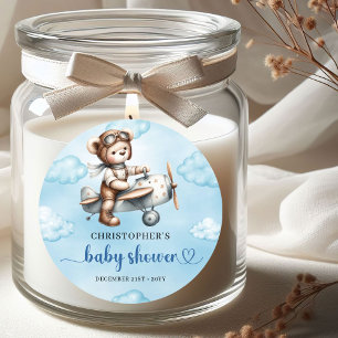 Classic Teddy Bear Pilot Blue Brown Baby Shower  Round Sticker