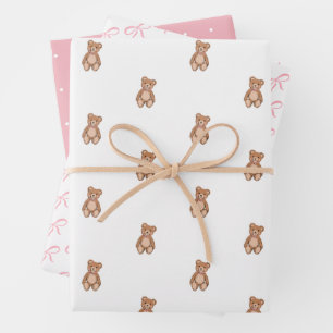 Classic Teddy Bear Pink Bow Baby Shower Wrapping Paper Sheets