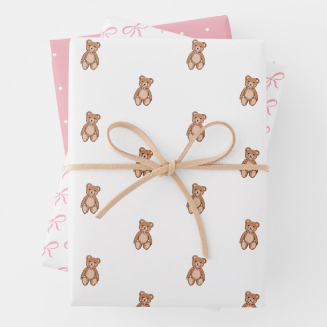 Classic Teddy Bear Pink Bow Baby Shower Wrapping Paper Sheets (In situ)