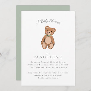 Classic Teddy Bear Sage Green Baby Shower Invitation