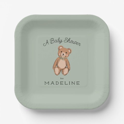 Classic Teddy Bear Sage Green Baby Shower Paper Plates