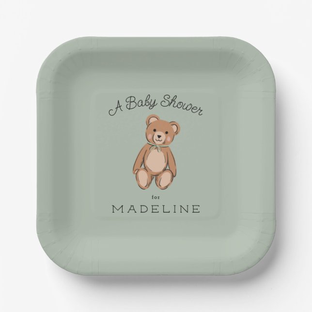 Classic Teddy Bear Sage Green Baby Shower Paper Plates (Front)