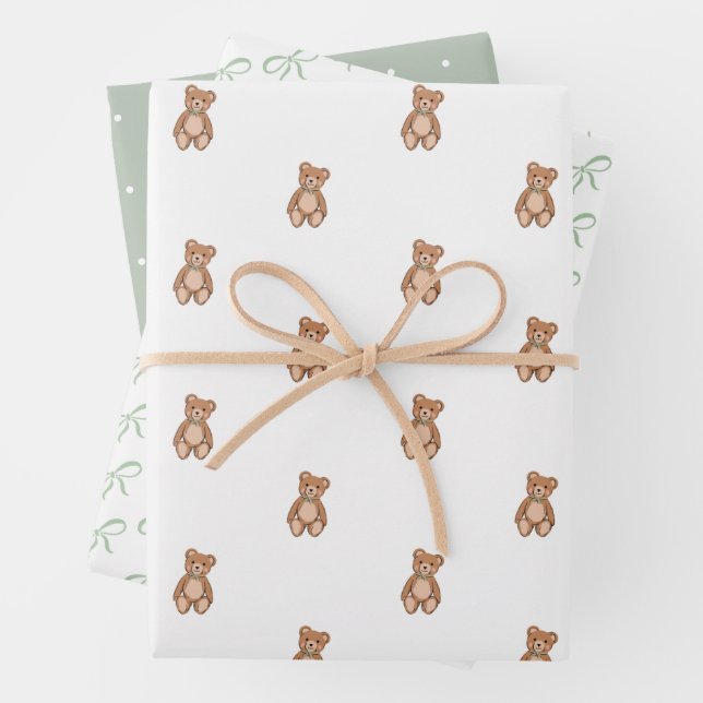 Classic Teddy Bear Sage Green Bow Baby Shower Wrapping Paper Sheets (In situ)