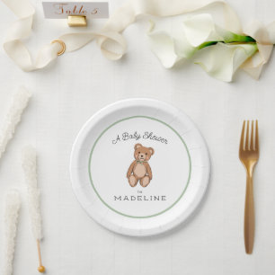 Classic Teddy Bear Sage Green White Baby Shower Paper Plates