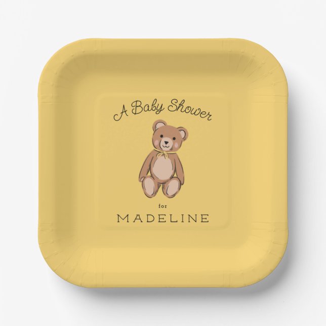 Classic Teddy Bear Yellow Baby Shower Paper Plates (Front)