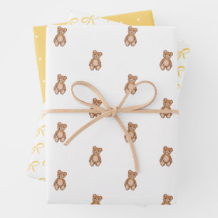 Classic Teddy Bear Yellow Bow Baby Shower Wrapping Paper Sheets