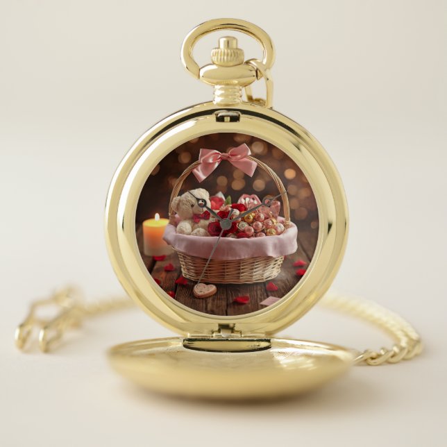 Classic Teddy Rose Romantic Valentines Engraved Pocket Watch (Inside)