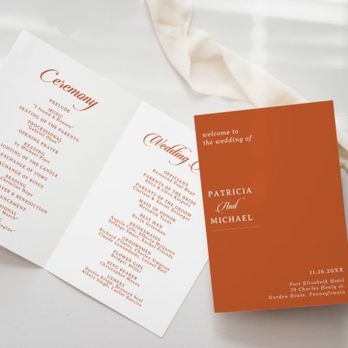 Classic Terracotta Calligraphy Folded Wedding Program