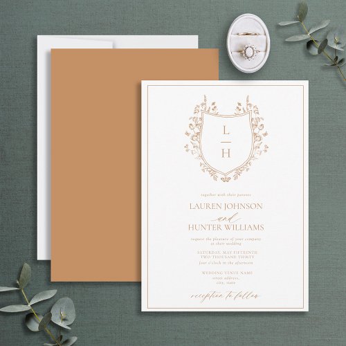 Classic Terracotta Floral Monogram Crest Wedding Invitation
