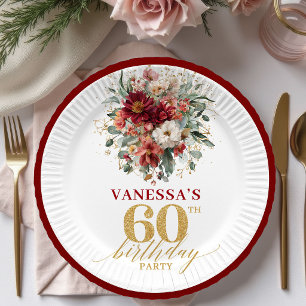 Classic Terracotta Gold Floral 60th Birthday Paper Plates