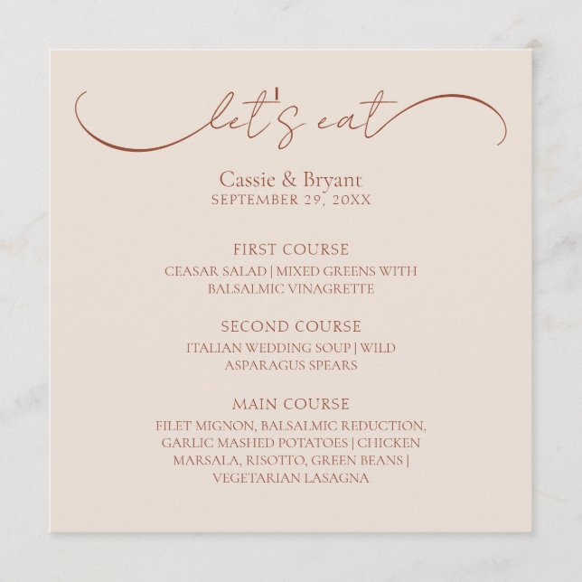 Classic Terracotta Modern Script Wedding Menu (Front)