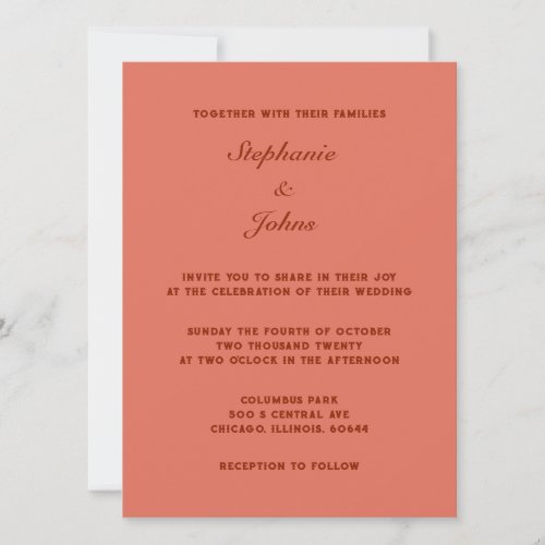 Classic Terracotta Warm Earth Color Simple Wedding Invitation