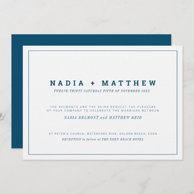Classic text minimal navy blue and white wedding invitation (Front/Back)