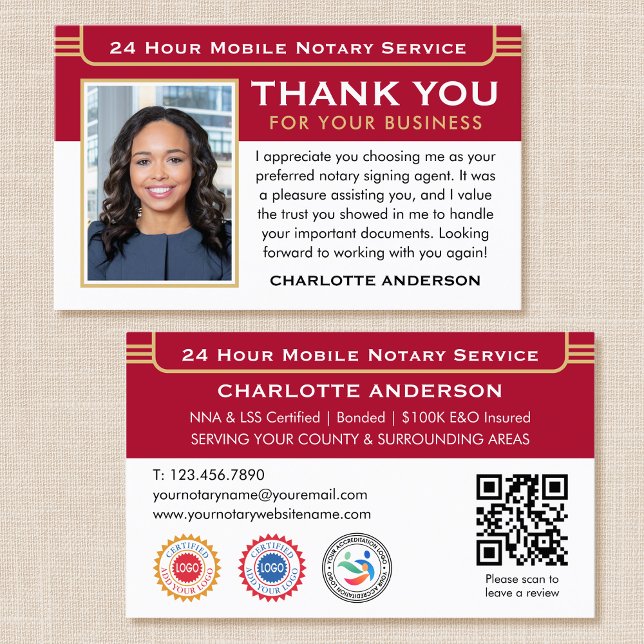 Classic Thank You Notary Public Photo QR Code Red Business Card (Creator Uploaded)