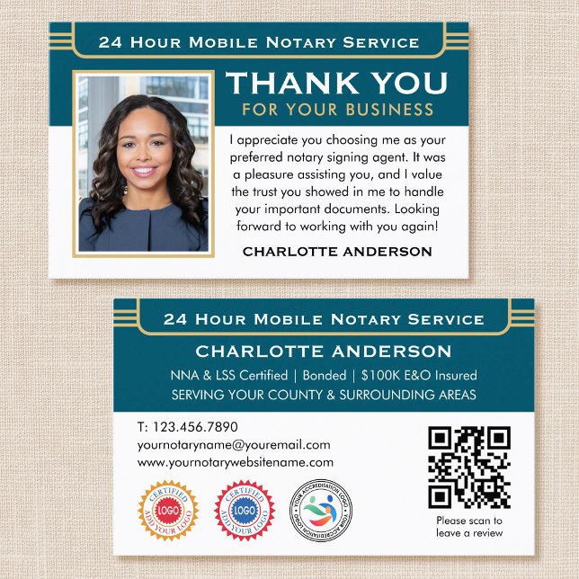 Classic Thank You Notary Public Photo QR Code Teal Business Card (Creator Uploaded)