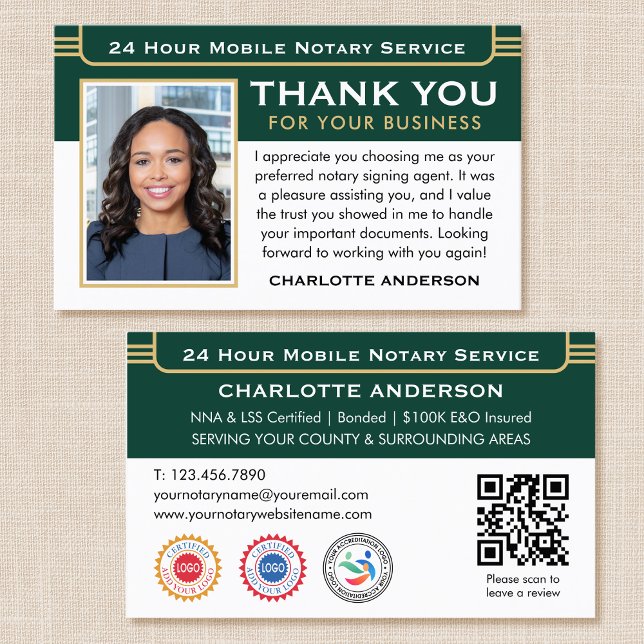 Classic Thank You Notary Public Photo QR Green Business Card (Creator Uploaded)