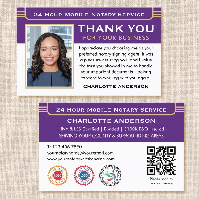 Classic Thank You Notary Public Photo QR Purple Business Card (Creator Uploaded)