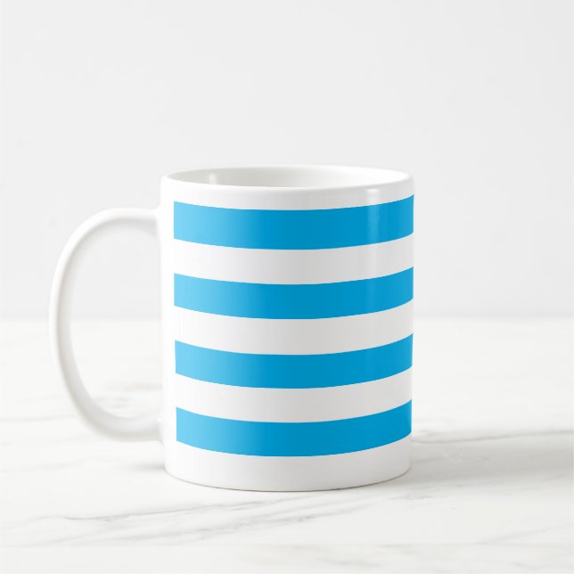 Classic Thick Sky Blue & White Horizontal Striped Coffee Mug (Left)